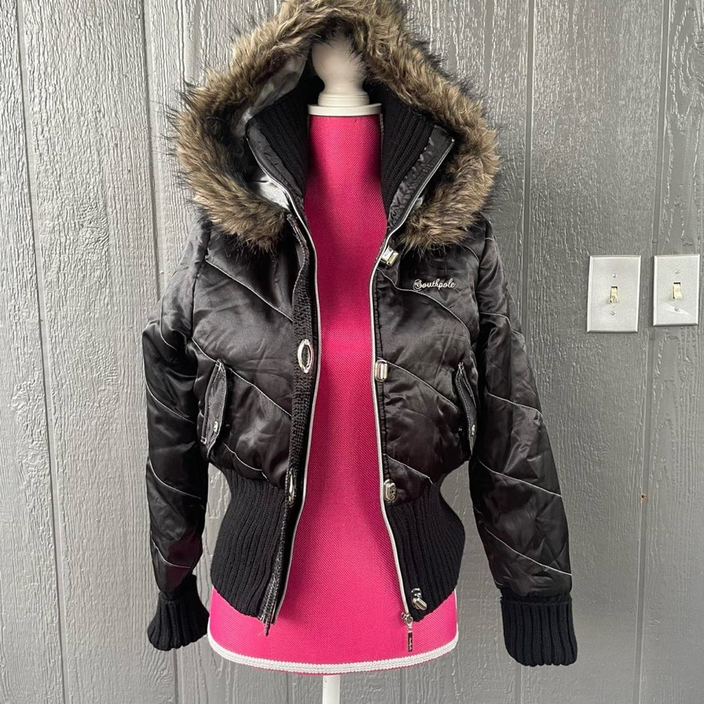 South Pole Black Puffer Jacket with Faux Fur Hood